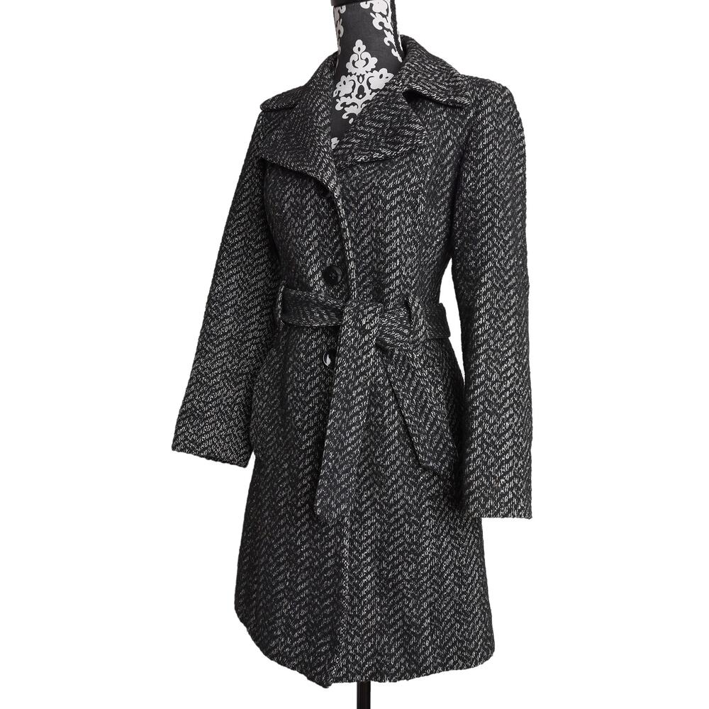 Women's Grey Black Preppy Classic Tweed Anne Klein Button Up Belted Midi Coat - Picture 4 of 10